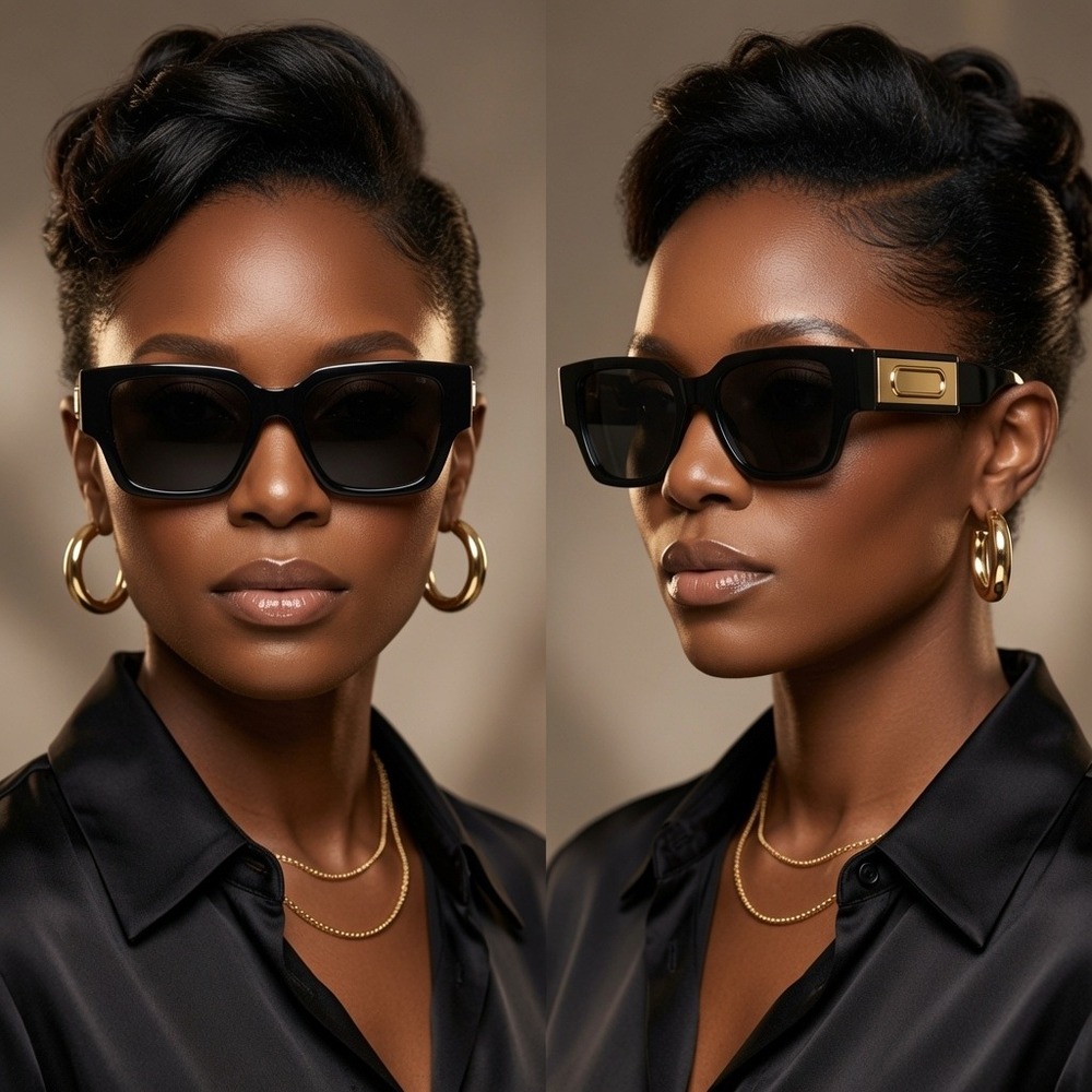 Sunglasses Women Black Square Acetate Gold Logo Dark Blackโ Lenses Hip Hop Fancy